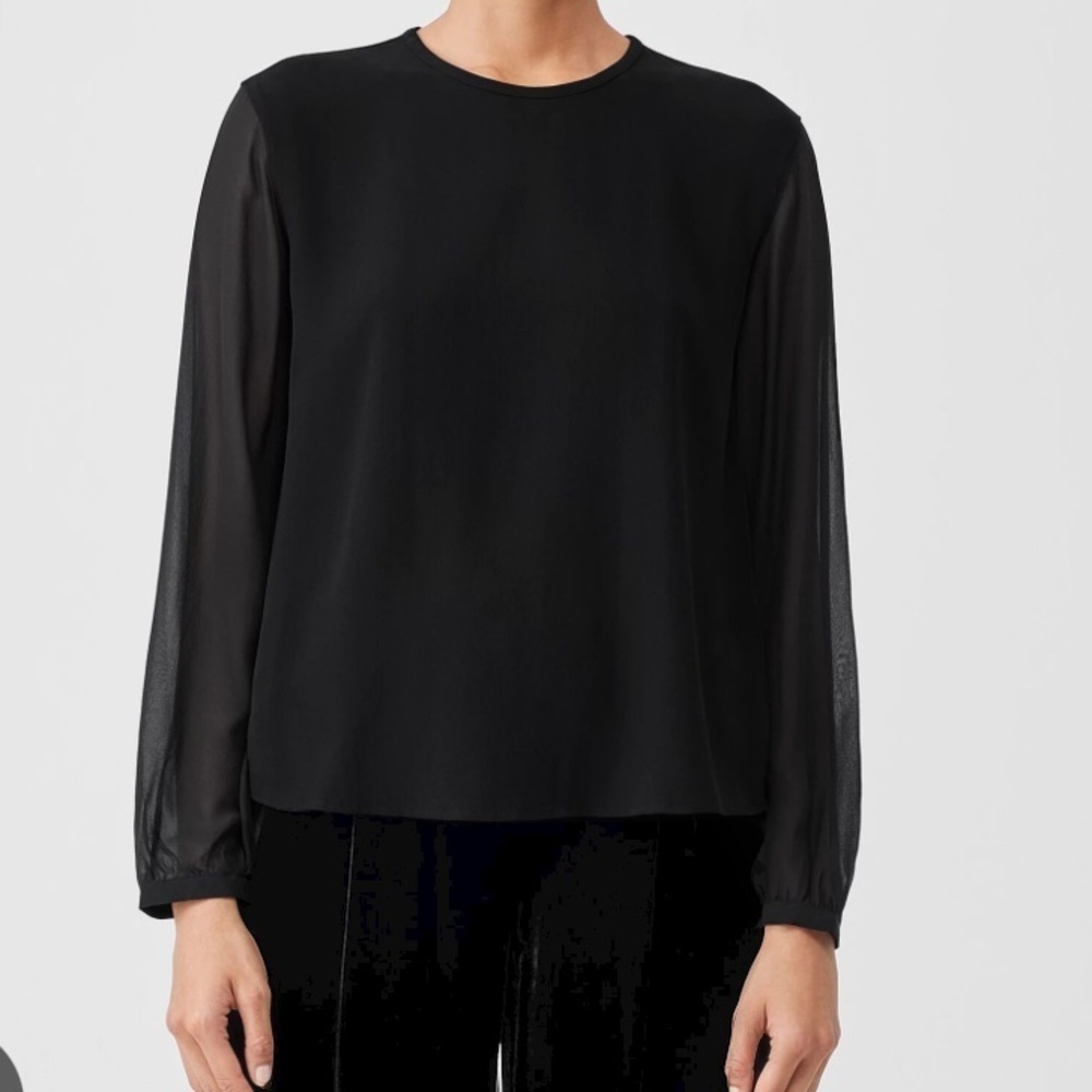 Eileen Fisher Silk Sheer Georgette Blouse Top Shirt Black New